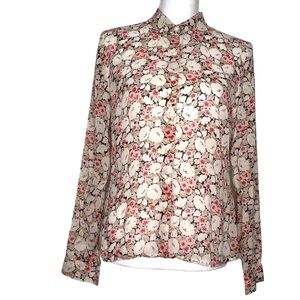 Ann Taylor Women's Long Sleeve Floral Silk Blouse, Pink Beige, S, Career, Work